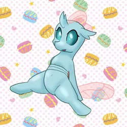 Size: 800x800 | Tagged: artist:kushina13, belly button, changedling, changeling, cute, derpibooru import, diaocelles, female, food, macaron, ocellus, pixiv, safe, sitting, solo