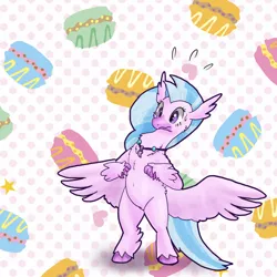 Size: 800x800 | Tagged: abstract background, artist:kushina13, belly button, bipedal, birb, butt wings, classical hippogriff, cute, derpibooru import, diastreamies, female, fluffy, food, hippogriff, macaron, pixiv, plewds, safe, silverstream, solo, sweat, sweatdrop, wings