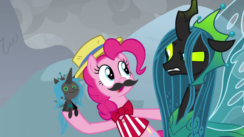 Size: 1920x1080 | Tagged: safe, derpibooru import, screencap, pinkie pie, queen chrysalis, earth pony, pony, the ending of the end, bowtie, cute, doll, duo, fake moustache, fangs, female, final battle, former queen chrysalis, glare, hat, irritated, looking at each other, mare, pinkie being pinkie, plushie, raised eyebrow, smiling, toy, ultimate chrysalis