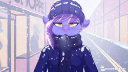 Size: 1280x720 | Tagged: safe, artist:whisperfoot, derpibooru import, oc, oc:berry frost, unofficial characters only, anthro, earth pony, beanie, blushing, breath, city, clothes, cold, downtown, dummy, ear blush, freckles, hat, jacket, long mane, male, multicolored hair, open mouth, red nosed, scarf, shop, snow, snowfall, solo, stallion, town, visible breath, walking, winter