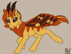 Size: 1032x785 | Tagged: antennae, artist:nightwind-arts, derpibooru import, ear fluff, female, fluffy, insect, mare, moth, mothpony, neck fluff, oc, oc:valerie, original species, safe, simple background, smiling, solo, unofficial characters only, walking