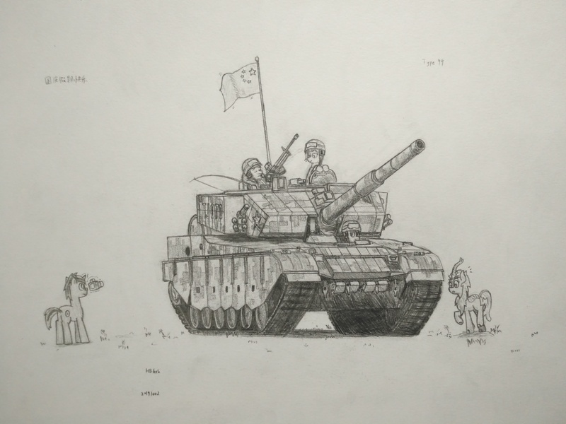 Size: 4608x3456 | Tagged: safe, artist:hbgxh, derpibooru import, oc, unofficial characters only, earth pony, kirin, pony, unicorn, camera, china, chinese text, clothes, flag, gun, helmet, lineart, machine gun, monochrome, national day (china), tank (vehicle), traditional art, type 99 mbt, vehicle, weapon