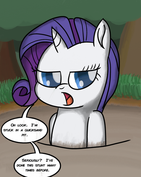 Size: 2400x3000 | Tagged: artist:saburodaimando, derpibooru import, mud, quicksand, rarity, rarity is not amused, safe, sinking, speech bubble, stuck, text, unamused