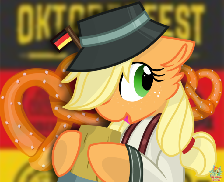 Size: 1320x1076 | Tagged: safe, artist:rainbow eevee, derpibooru import, applejack, pony, alcohol, beer, cider, clothes, cute, food, freckles, german, germany, hat, oktoberfest, pretzel, solo