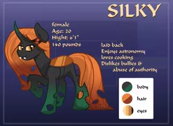 Size: 1045x764 | Tagged: safe, artist:cadetredshirt, derpibooru import, oc, oc:silky, unofficial characters only, changeling, pony, changeling oc, commission, full body, gradient background, looking at you, orange changeling, reference sheet, smiling, solo, two toned eyes, two toned mane