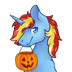 Size: 1650x1650 | Tagged: safe, artist:flaming-trash-can, derpibooru import, oc, oc:rayden, alicorn, pony, unicorn, pumpkin, pumpkin bucket, simple background, solo