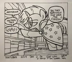 Size: 2048x1782 | Tagged: safe, artist:coaldustthestrange, derpibooru import, sunburst, pony, unicorn, board game, cape, clothes, glasses, inktober, inktober 2019, solo, traditional art, word balloon