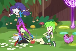 Size: 1112x748 | Tagged: safe, derpibooru import, screencap, cherry crash, princess thunder guts, rarity, sophisticata, dog, equestria girls, equestria girls series, lost and pound, spoiler:choose your own ending (season 2), spoiler:eqg series (season 2), basket, boots, bowl, chase, chopsticks, clothes, cropped, dress, female, fingerless gloves, food, gloves, lost and pound: rarity, marshmelodrama, miniskirt, mud, muddy, noodle bowl, noodles, pantyhose, picnic, picnic basket, plaid skirt, puppy, rarity being rarity, shoes, skirt, water bottle, wide eyes