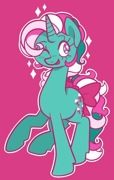 Size: 780x1230 | Tagged: safe, artist:trinoids, derpibooru import, fizzy, pony, twinkle eyed pony, unicorn, bow, cute, female, fizzybetes, g1, g1 to g4, generation leap, mare, one eye closed, simple background, solo, tail bow, wink