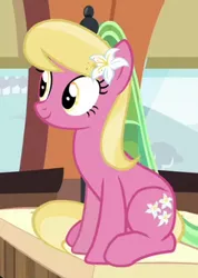 Size: 242x339 | Tagged: safe, derpibooru import, screencap, lily, lily valley, earth pony, pony, growing up is hard to do, background pony, cropped, cute, female, flower, flower in hair, lily (flower), lilybetes, mare, sitting, smiling, solo, train