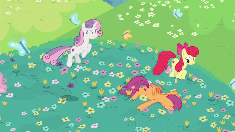 Size: 2000x1124 | Tagged: safe, derpibooru import, screencap, apple bloom, scootaloo, sweetie belle, butterfly, earth pony, insect, pegasus, pony, unicorn, growing up is hard to do, being big is all it takes, cutie mark, cutie mark crusaders, eyes closed, face down, faceplant, female, flower, frolicking, leaping, mare, meadow, older, older apple bloom, older cmc, older scootaloo, older sweetie belle, the cmc's cutie marks