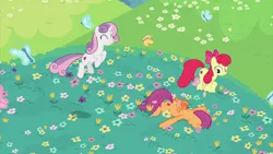 Size: 2000x1124 | Tagged: safe, derpibooru import, screencap, apple bloom, scootaloo, sweetie belle, butterfly, earth pony, insect, pegasus, pony, unicorn, growing up is hard to do, being big is all it takes, cutie mark, cutie mark crusaders, eyes closed, face down, faceplant, female, flower, frolicking, leaping, mare, meadow, older, older apple bloom, older cmc, older scootaloo, older sweetie belle, the cmc's cutie marks