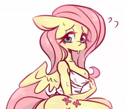 Size: 1100x952 | Tagged: suggestive, artist:kirinit, derpibooru import, fluttershy, anthro, bat pony, pegasus, ass, bottomless, breasts, busty fluttershy, butt, clothes, cropped, cute, cutie mark, female, floppy ears, flutterbat, looking at you, partial nudity, race swap, simple background, solo, solo female, sweat, tanktop, wings