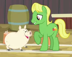 Size: 413x327 | Tagged: safe, derpibooru import, screencap, wensley, earth pony, pig, pony, growing up is hard to do, animal, apple family member, background pony, barrel, cloven hooves, cropped, duo, looking at each other, male, pet, stallion