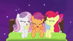 Size: 1920x1080 | Tagged: safe, derpibooru import, screencap, apple bloom, scootaloo, sweetie belle, earth pony, pegasus, pony, unicorn, growing up is hard to do, bed, being big is all it takes, cutie mark crusaders, eyes closed, female, mare, older, older apple bloom, older cmc, older scootaloo, older sweetie belle, space, trio