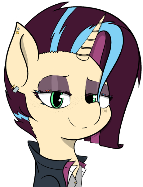 Size: 601x782 | Tagged: safe, alternate version, artist:pinkberry, derpibooru import, oc, oc:mulberry merlot, unofficial characters only, pony, unicorn, alternate hairstyle, clothes, colored, drawpile, female, freckles, heart on cheek, jacket, looking at you, makeup, piercing, popped collar, punk, simple background, simple shading, solo, white background