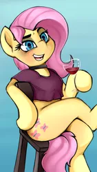 Size: 3240x5760 | Tagged: safe, artist:anon_1515, derpibooru import, fluttershy, pegasus, pony, semi-anthro, absurd resolution, alcohol, bedroom eyes, blushing, bottomless, chair, choker, chokershy, chromatic aberration, clothes, crossed legs, eyebrows, eyelashes, eyeshadow, female, glass, head tilt, human shoulders, leaning back, looking at you, makeup, mare, open mouth, partial nudity, shirt, simple background, sitting, smiling, strategically covered, tail between legs, thighs, wallpaper, wine, wine glass