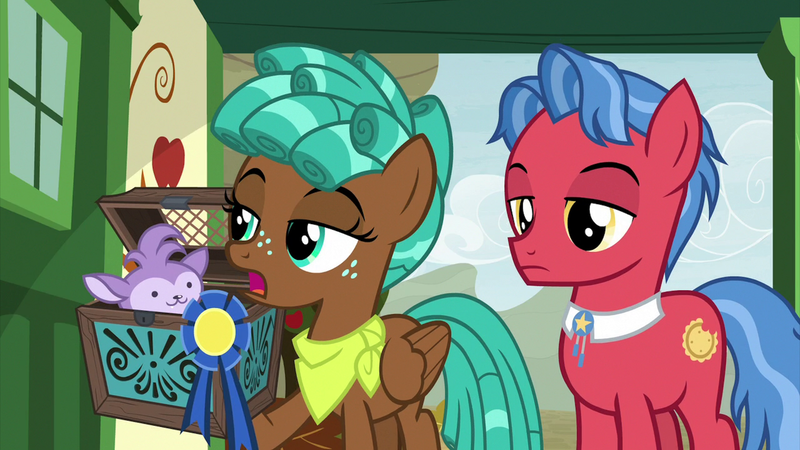 Size: 2000x1124 | Tagged: safe, derpibooru import, screencap, biscuit, bloofy, spur, earth pony, pegasus, pony, whirling mungtooth, growing up is hard to do, bandana, blue ribbon, box, female, lidded eyes, male, open mouth, teenager, trio