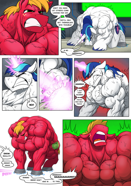 Size: 1800x2561 | Tagged: suggestive, artist:ponyanony, derpibooru import, big macintosh, shining armor, earth pony, pony, unicorn, comic:injection, abs, back muscles, biceps, blast, comic, deltoids, dialogue, duo, duo male, great macintosh, gritted teeth, groan, magic, magic blast, male, muscle growth, muscles, overdeveloped muscles, pain, pecs, screaming, stallion, sweat, swelling armor, triceps, vein