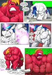 Size: 1800x2561 | Tagged: suggestive, artist:ponyanony, derpibooru import, big macintosh, shining armor, earth pony, pony, unicorn, comic:injection, abs, back muscles, biceps, blast, comic, deltoids, dialogue, duo, duo male, great macintosh, gritted teeth, groan, magic, magic blast, male, muscle growth, muscles, overdeveloped muscles, pain, pecs, screaming, stallion, sweat, swelling armor, triceps, vein