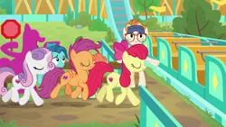 Size: 1920x1080 | Tagged: safe, derpibooru import, screencap, apple bloom, berry star, dave the intern, scootaloo, shuffle step, sweetie belle, pony, growing up is hard to do, being big is all it takes, colt, cutie mark crusaders, male, older