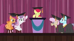 Size: 1920x1080 | Tagged: safe, derpibooru import, screencap, apple bloom, aquamarine robe, rosy sapphire, scootaloo, sweetie belle, pony, growing up is hard to do, being big is all it takes, cutie mark crusaders, graduation cap, hat, older, solo