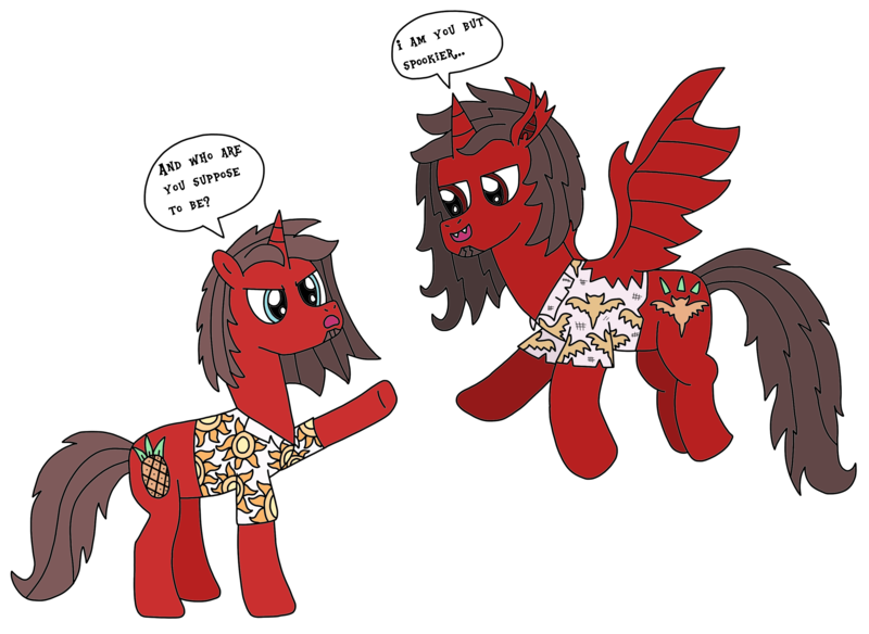 Size: 2918x2131 | Tagged: safe, artist:supahdonarudo, derpibooru import, oc, oc:ironyoshi, unofficial characters only, bat pony, pony, unicorn, bat ponified, clothes, dialogue, ironbatty, race swap, self ponidox, shirt, simple background, speech bubble, torn clothes, transparent background