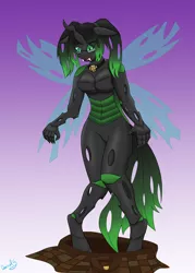 Size: 2500x3500 | Tagged: anthro, anthro oc, artist:darnelg, breasts, changeling, changelingified, clothes, derpibooru import, female, green changeling, implied transformation, implied transgender transformation, kilt, oc, oc:tharkis, species swap, suggestive, transformation, unguligrade anthro
