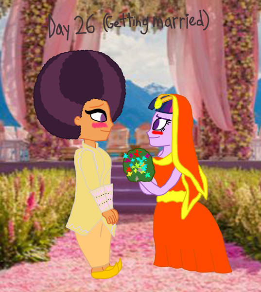 Size: 2000x2233 | Tagged: safe, artist:bigpurplemuppet99, derpibooru import, saffron masala, twilight sparkle, equestria girls, afro, alternate clothes, clothes, dress, female, indian clothes, lesbian, shipping, twiffron, wedding dress