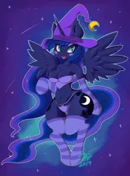 Size: 3560x4800 | Tagged: alicorn, anthro, arm hooves, artist:9air, breasts, cleavage, clothes, derpibooru import, disproportional anatomy, female, halloween, holiday, mare, midriff, princess luna, socks, solo, solo female, spread wings, striped socks, suggestive, thigh highs, unguligrade anthro, wide hips, wings
