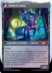 Size: 744x1039 | Tagged: safe, artist:john thacker, derpibooru import, official, princess luna, alicorn, pony, friendship is magic, female, full moon, hoof shoes, magic the gathering, mare, mare in the moon, moon, ponies the galloping, raised hoof, s1 luna, solo, trading card