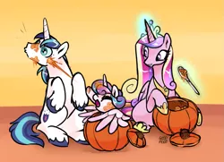 Size: 1135x820 | Tagged: safe, artist:goodmode, deleted from derpibooru, derpibooru import, princess cadance, princess flurry heart, shining armor, alicorn, pony, unicorn, 31nightmarechallenge, cute, family, female, filly, flurrybetes, halloween, holiday, magic, male, mare, pumpkin, pumpkin carving, shiningcadance, shipping, sitting, stallion, straight, telekinesis