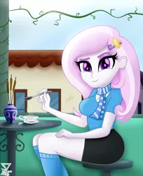 Size: 2600x3194 | Tagged: safe, artist:theretroart88, derpibooru import, fleur-de-lis, equestria girls, beautiful, breasts, busty fleur-de-lis, cafe, cleavage, clothes, cup, female, food, high res, legs, looking at you, miniskirt, scarf, sitting, skirt, socks, solo, spoon, stool, tea, thighs, woman