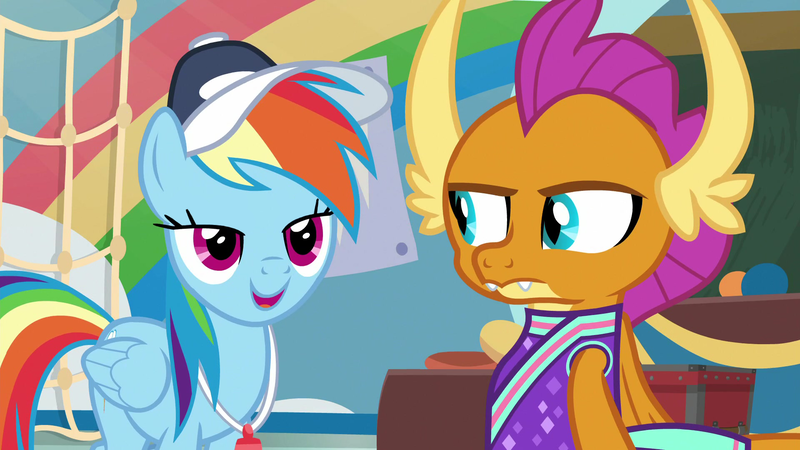 Size: 1920x1080 | Tagged: safe, derpibooru import, screencap, rainbow dash, smolder, dragon, pegasus, pony, 2 4 6 greaaat, annoyed, cheerleader, cheerleader outfit, cheerleader smolder, clothes, coach, coach rainbow dash, coaching cap, dragoness, duo, fangs, female, folded wings, frown, glare, hat, horns, lidded eyes, mare, slit eyes, smolder is not amused, smug, teenaged dragon, teenager, unamused, whistle, whistle necklace, wings