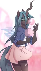 Size: 1758x3000 | Tagged: anthro, artist:1an1, bandaid, bubblegum, changeling, changeling queen, clothes, cotton candy, cute, cutealis, derpibooru import, female, food, gum, high res, jacket, miniskirt, moe, queen chrysalis, safe, skirt, solo