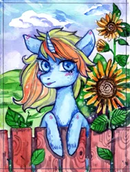 Size: 1945x2576 | Tagged: safe, artist:matokiro, derpibooru import, oc, oc:skydreams, unofficial characters only, pony, unicorn, blushing, blushing ears, commission, female, flower, mare, sunflower, traditional art, watercolor painting, ych result