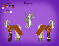 Size: 2522x1963 | Tagged: safe, alternate version, artist:blacksky1113, derpibooru import, oc, oc:ember arrow, unofficial characters only, pony, unicorn, armor, bandage, belt, clothes, colored sclera, curved horn, ear piercing, earring, female, gauntlet, gloves, horn, jewelry, mare, pants, piercing, pouch, reference sheet, skirt, solo