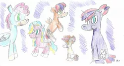 Size: 1965x1052 | Tagged: safe, artist:ptitemouette, derpibooru import, oc, oc:aquamarine, oc:jellyfish, oc:magic spoon, oc:opal pearl, oc:starfish, pony, baby, baby pony, brother and sister, father and child, father and daughter, father and son, female, male, mother and child, mother and daughter, mother and son, parent:oc:chili pepper, parent:oc:coquillage, parent:oc:galaxy trick, parent:oc:harry trotter, parent:oc:magic spoon, parent:oc:opal pearl, parents:oc x oc, siblings, sisters, traditional art