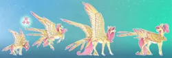 Size: 1536x520 | Tagged: safe, artist:turnipberry, deleted from derpibooru, derpibooru import, fluttershy, pegasus, pony, the last problem, age progression, colored hooves, cutie mark, elderly, feathered fetlocks, female, filly, filly fluttershy, foal, gradient background, mare, pale belly, realistic horse legs, spread wings, tail feathers, teenager, wings, younger