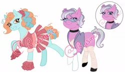 Size: 1163x687 | Tagged: safe, artist:ponyrasmeii, derpibooru import, oc, oc:satin crystal, oc:swift-steps, unofficial characters only, earth pony, pony, icey-verse, blank flank, cheerleader, cheerleader outfit, choker, clothes, ear piercing, earring, female, flats, glasses, gloves, grin, jewelry, magical lesbian spawn, mare, offspring, parent:lighthoof, parent:limestone pie, parent:shimmy shake, parent:suri polomare, parents:shimmyhoof, parents:suristone, piercing, pleated skirt, pom pom, raised hoof, raised leg, shirt, shoes, simple background, skirt, smiling, socks, stockings, thigh highs, vest, watermark, white background