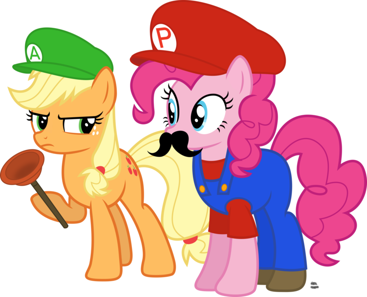 Size: 2200x1783 | Tagged: safe, artist:anime-equestria, derpibooru import, applejack, pinkie pie, earth pony, pony, annoyed, cap, clothes, costume, crossover, crossover shipping, duo, facial hair, female, hat, luigi, luigi's hat, luijack, male, mario, mario & luigi, mario and luigi, mario's hat, mariopie, moustache, nintendo, overalls, plumber, plunger, shipping, shirt, shoes, simple background, straight, super mario bros., transparent background, undershirt, vector