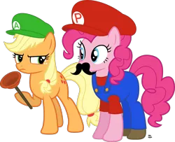 Size: 2200x1783 | Tagged: safe, artist:anime-equestria, derpibooru import, applejack, pinkie pie, earth pony, pony, annoyed, cap, clothes, costume, crossover, crossover shipping, duo, facial hair, female, hat, luigi, luigi's hat, luijack, male, mario, mario & luigi, mario and luigi, mario's hat, mariopie, moustache, nintendo, overalls, plumber, plunger, shipping, shirt, shoes, simple background, straight, super mario bros., transparent background, undershirt, vector