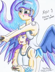 Size: 785x1018 | Tagged: safe, artist:the1king, derpibooru import, princess luna, oc, oc:azure night, human, gamer luna, 30 day otp challenge, azuna, blushing, butt wings, canon x oc, clothes, controller, cutie mark on human, horn, horned humanization, humanized, humanized oc, jewelry, pouting, tanktop, tattoo, winged humanization, wings