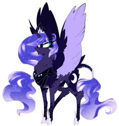 Size: 2169x2293 | Tagged: safe, artist:ajue, deleted from derpibooru, derpibooru import, princess luna, alicorn, pony, armor, chest fluff, chestplate, clothes, colored wings, crown, dappled, female, fluffy, jewelry, leg wraps, leonine tail, mare, necklace, peytral, redesign, regalia, shoes, simple background, socks (coat marking), solo, tail feathers, transparent background, wings