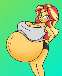 Size: 1364x1676 | Tagged: suggestive, artist:funble, artist:pacificside18, derpibooru import, sunset shimmer, equestria girls, belly, belly button, big belly, big breasts, blushing, breasts, busty sunset shimmer, clothes, embarrassed, female, hand on hip, huge belly, hyper, hyper belly, hyper pregnancy, impossibly large belly, open mouth, outie belly button, pregnant, pregnant equestria girls, shorts, solo, solo female, sunset preggers, tanktop