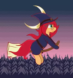 Size: 2427x2562 | Tagged: safe, artist:big brawler, derpibooru import, oc, oc:vivian cereza, pony, broom, eye clipping through hair, flying, flying broomstick, glasses, hat, night, witch costume, witch hat