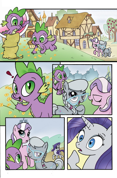 Size: 495x752 | Tagged: safe, artist:billforster, derpibooru import, diamond tiara, rarity, silver spoon, spike, dragon, earth pony, pony, unicorn, apple, apple tree, comic, concerned, exclamation point, female, filly, flower, food, glasses, jewelry, male, mare, necklace, pearl necklace, picking flowers, tiara, tree