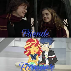 Size: 3464x3464 | Tagged: safe, derpibooru import, edit, flash sentry, sunset shimmer, eqg summertime shorts, equestria girls, equestria girls series, good vibes, female, harry potter, harry potter and the goblet of fire, hermione granger, male, straight