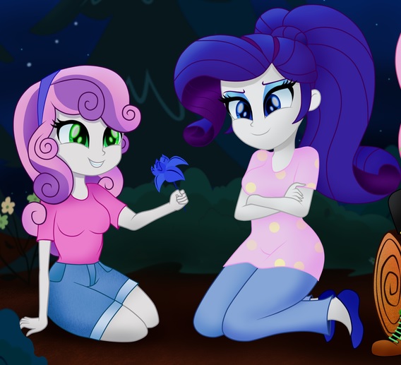 Size: 568x517 | Tagged: safe, artist:theretroart88, derpibooru import, edit, editor:thomasfan45, rarity, sweetie belle, equestria girls, adorable face, alternate hairstyle, alternate outfits, beautiful, blouse, camping, clothes, cropped, cute, diasweetes, digital art, duo, female, flower, forest, happy, headband, pants, ponytail, shirt, shorts, siblings, sisters, sitting, sitting on ground, smiling, woman