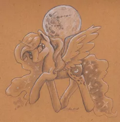 Size: 946x960 | Tagged: safe, artist:jessi_lionheart, derpibooru import, princess luna, alicorn, pony, ethereal mane, female, galaxy mane, gel pen, mare, moon, pencil drawing, shading, smiling, toned paper, traditional art